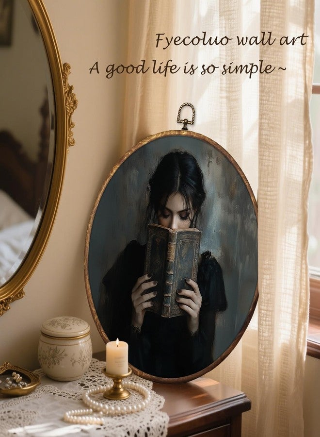 HUGANE Vintage Moody Women Reading Book Round Wall Art Decor, Dark Academia Bookish Hanging Canvas Framed Prints Wall Sculptures for Home Reading Nook Corner Library Decor, 10x10 Inch - Image 4